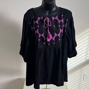 NWT Black Boho Blouse with Pink Embroidery & Tassels 4X